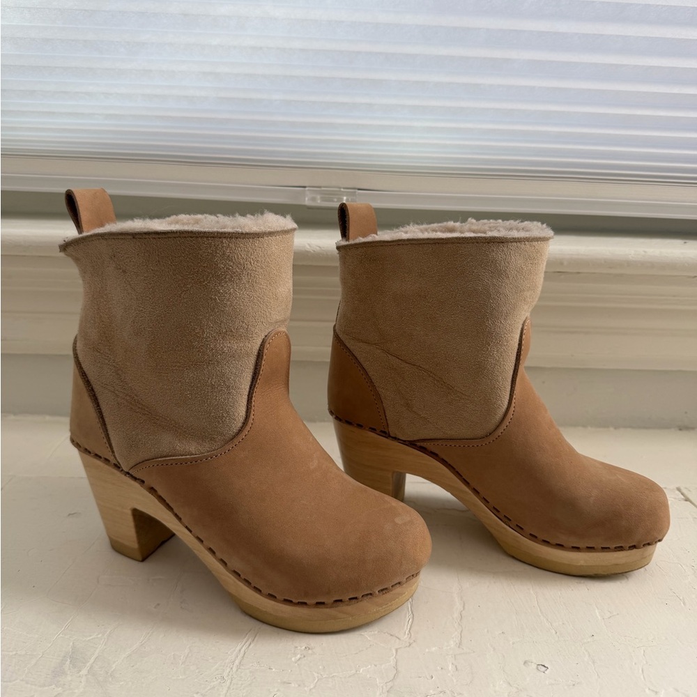 No. 6 tan suede clog boots